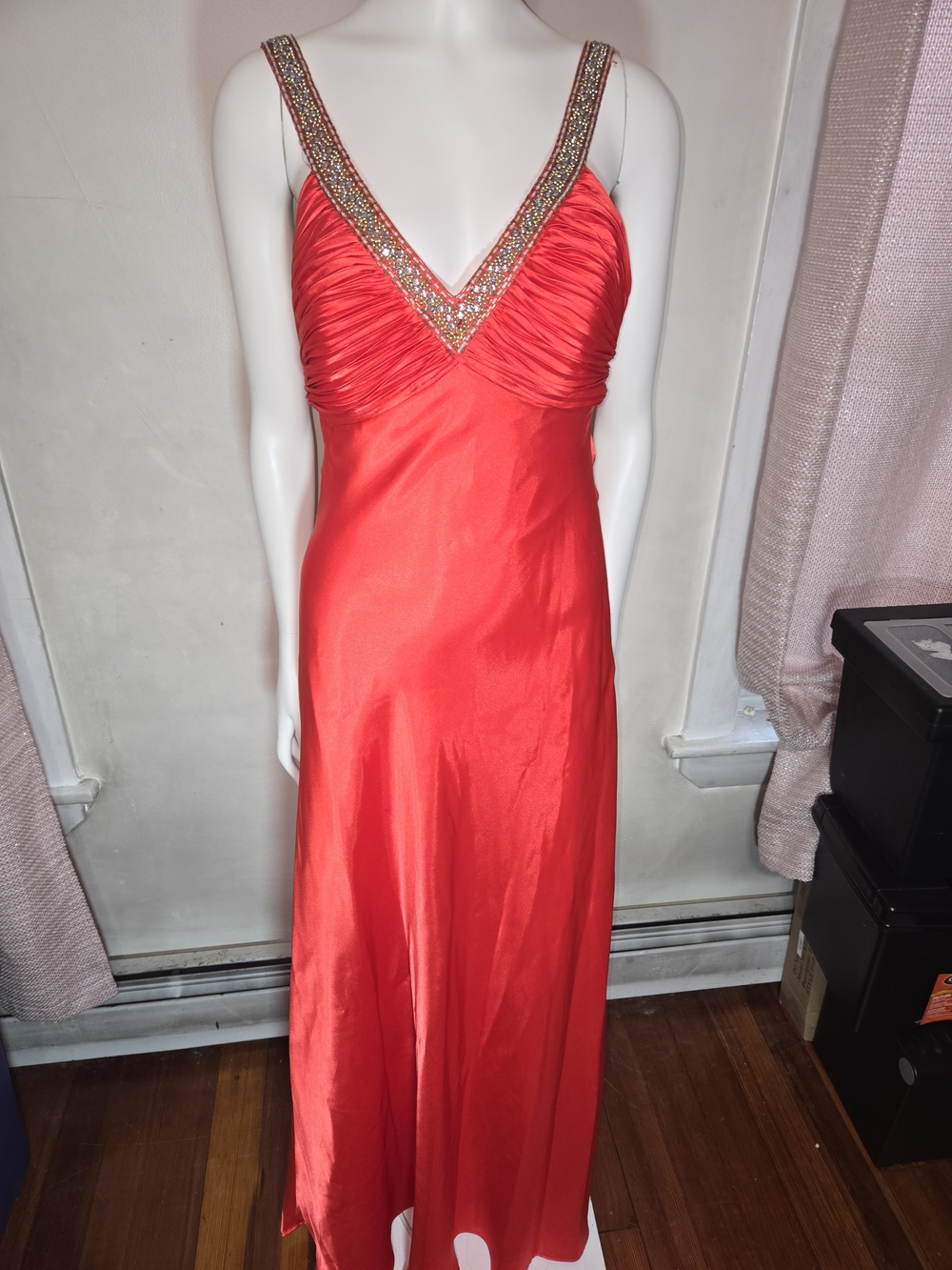 Morgan & Co. Red Beaded V‑Neck Prom Gown